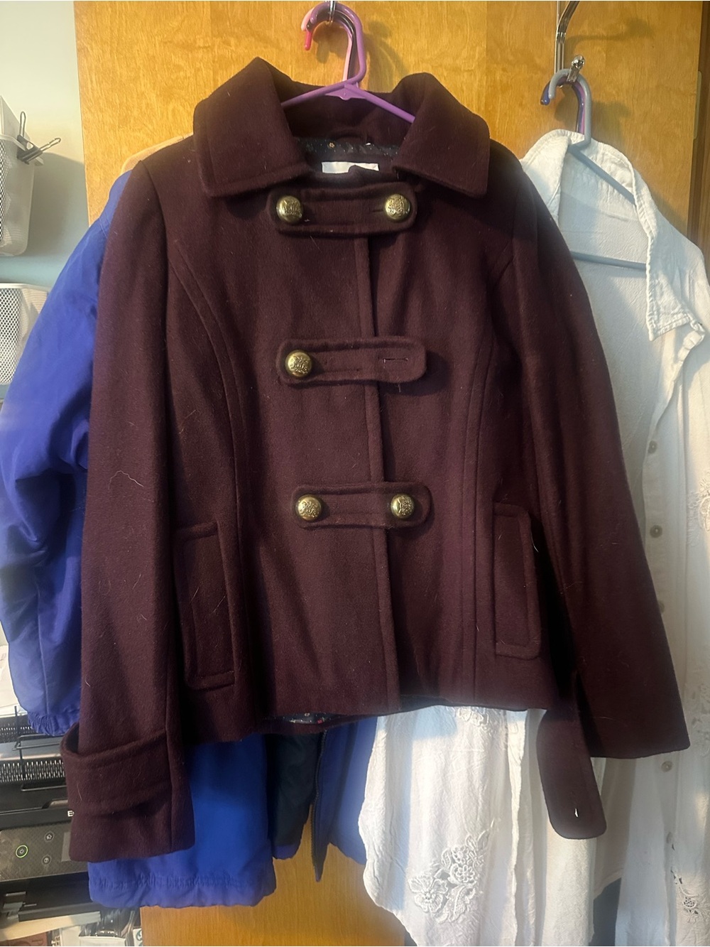 dELiA*s Women's Short Pea Coat in Deep Plum with Brass Buttons